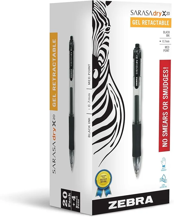 Zebra Pen Sarasa X20 Retractable Gel Ink Pens, Medium Point 0.7mm, 20 Black, 2 Blue, 2 Red Pens, Rapid Dry Ink, 24 Pack