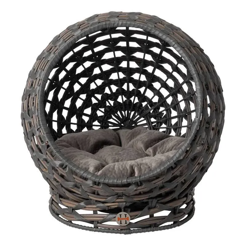 Huntley Equestrian Pet Rattan Cat Bed Condo, Elevated with Round Cushion, Grey (02196)