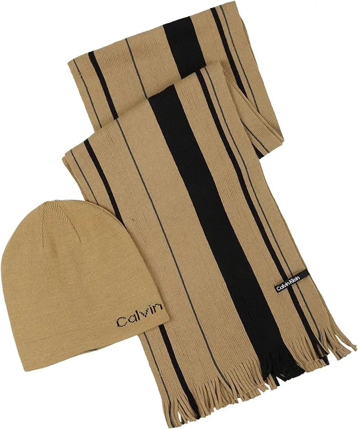 Mens Timeless Camel Acrylic Reversible Beanie and Raschel Scarf Set