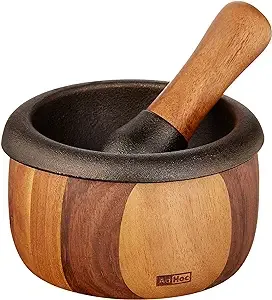 AdHoc Crush Wood and Cast Iron Mortar and Pestle - Manual Grinder Set for Herbs & Spices - Acacia Wood Bowl with Cast Iron Pestle - Handy & Unbreakable Grinder - Modern Mortar & Pestle Design