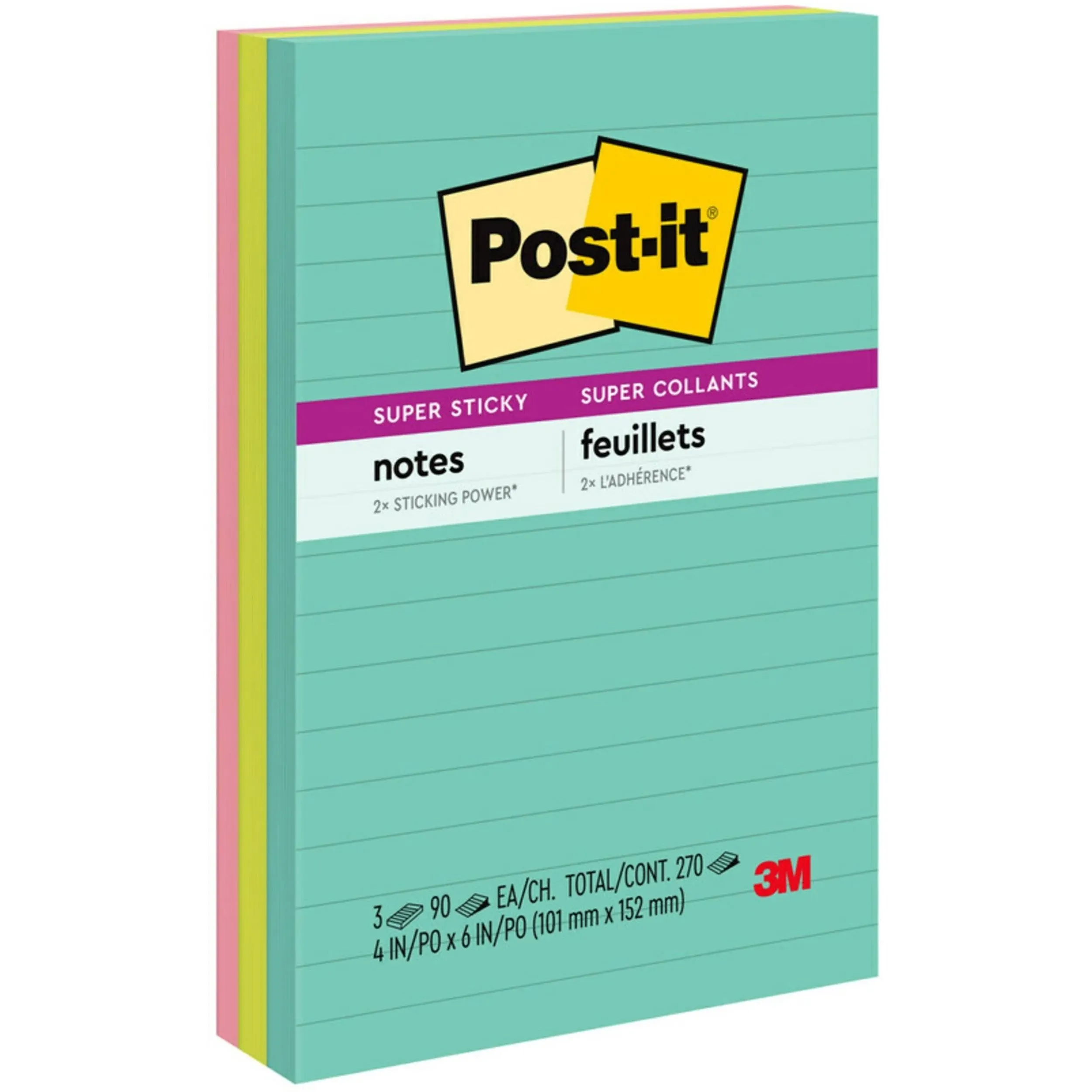 Post-it Notes Super Sticky Pads in Miami Colors, 4 x 6, 90/Pad, 3