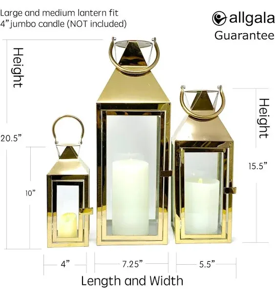 Allgala 3-PC Set Jumbo Luxury Modern Indoor/Outdoor Hurricane Candle Lantern Set With Chrome Plated Structure and Tempered Glass-Pyramid Top Gold-HD88031