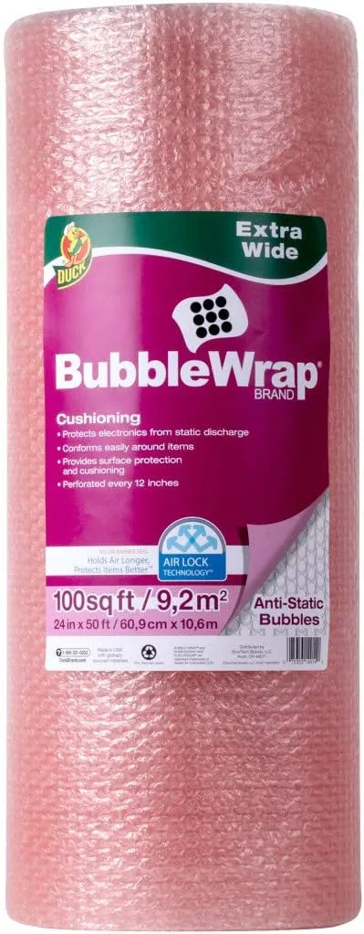 Duck Brand Anti-Static Bubble Wrap Cushioning, Extra Wide 24-Inch x 50-Feet, Pink (285793)