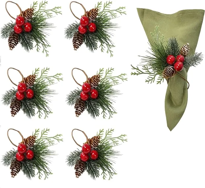 Angel Isabella Christmas Collection Napkin Rings - Cloth Napkin Holder For Table Setting, Evergreen Snowy Pinecone Napkin Rings with Berries & Decor to Match Holiday Dinner Dining Table Top - Set of 6