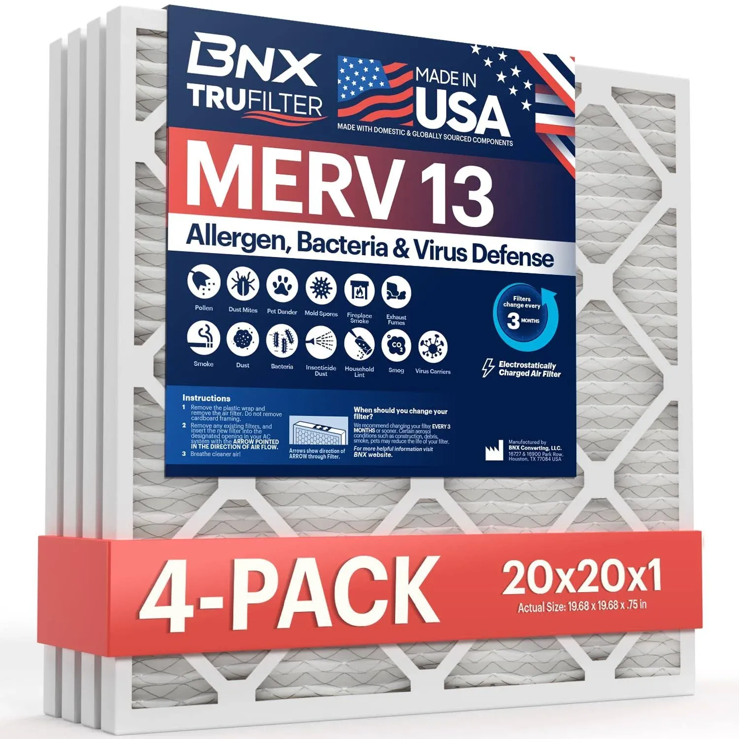 BNX TruFilter 16x25x4 (15 1/2’’ x 24 1/2’’ x 3 5/8‘’) MERV 13 Air Filter (SlimFit) (2-Pack)- MADE IN USA- HVAC AC Furnace Filters for Health, Allergies, Pollen, Mold, Bacteria, Smoke, MPR 1900 FPR 10