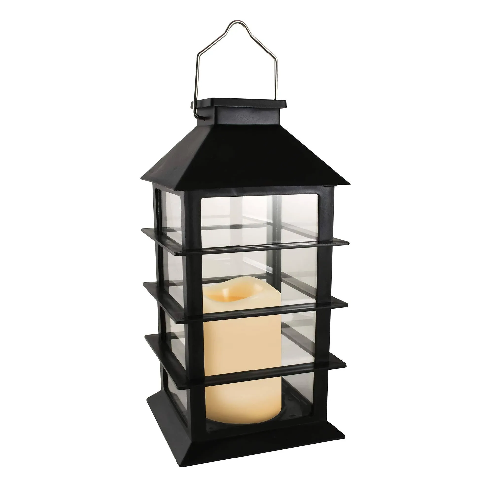 LumaBase Solar Powered Lantern with LED Candle, Horizontal, Black, 11", 62301