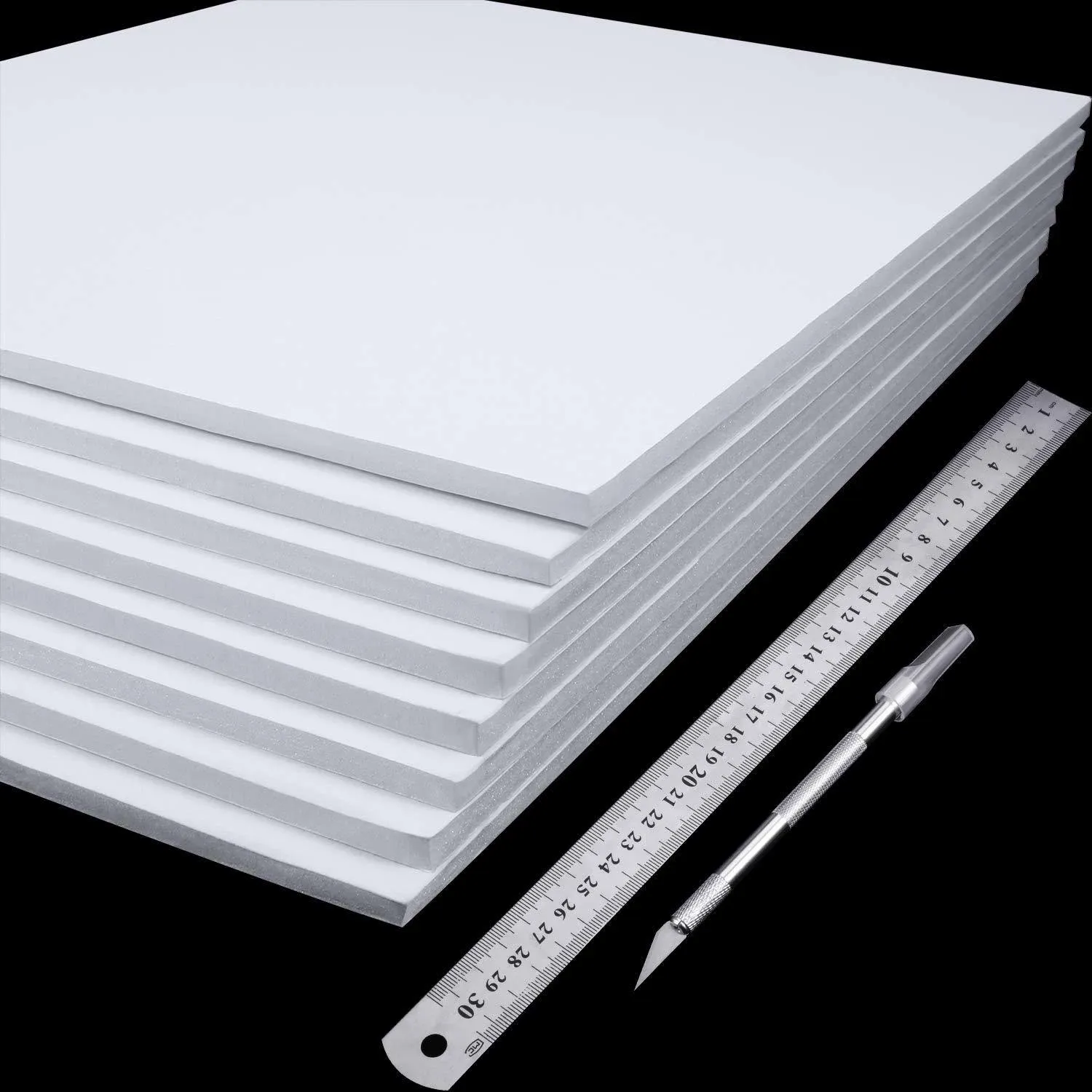 8 Pieces Foam Boards Foam Core Backing Boards, Silver Craft Knife with Protective Cap and 12 Inch Stainless Steel Ruler for Art Presentations Crafts Display Favors (White, Silver,12 x 10 x 0.2 Inches)