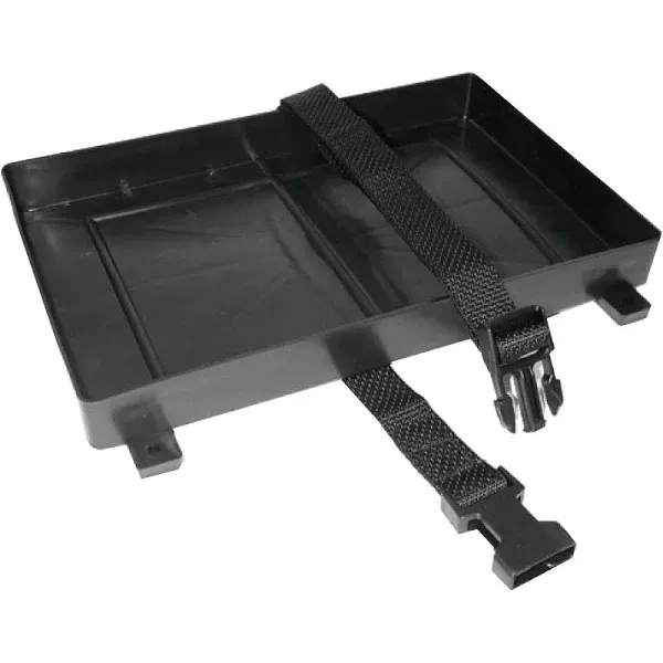 T-H Marine Narrow Battery Tray Holder with Poly Strap - Heavy Duty Space Saving Design and Recessed Mounting Wells Fit Group 27 Batteries - Boat and RV