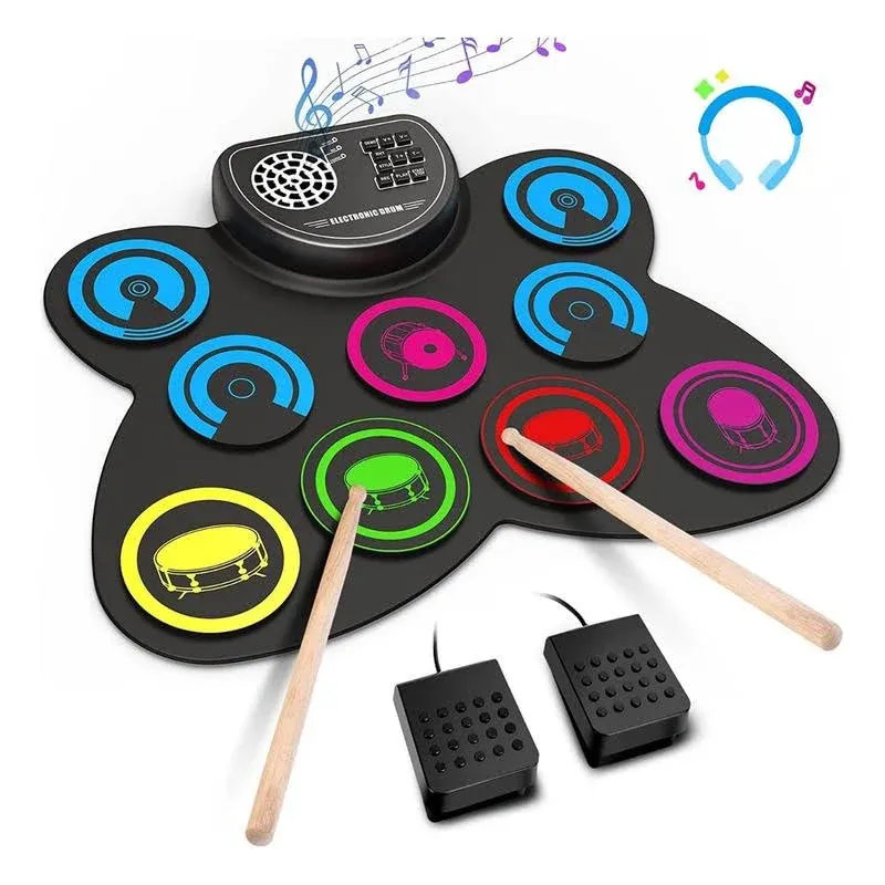 Electronic Drum Set, Marrilley 9 Drum Practice Pad with Headphone Jack, Roll-up Drum Pad Machine Built-in Speaker Drum Pedals Drum Sticks 10 Hours Playtime, Great Holiday Xmas Birthday Gift for Kids