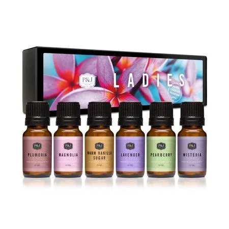 P&J Fragrance Oil Ladies Set | Pearberry, Lavender, Warm Vanilla Sugar, Plumeria, Magnolia, Wisteria Candle Scents for Candle Making, Freshie Scents, Soap Making Supplies, Diffuser Oil Scents