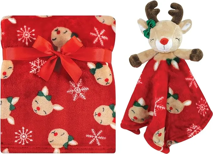 Hudson Baby Unisex Baby Plush Blanket with Security Blanket, Girl Holiday Reindeer, One Size