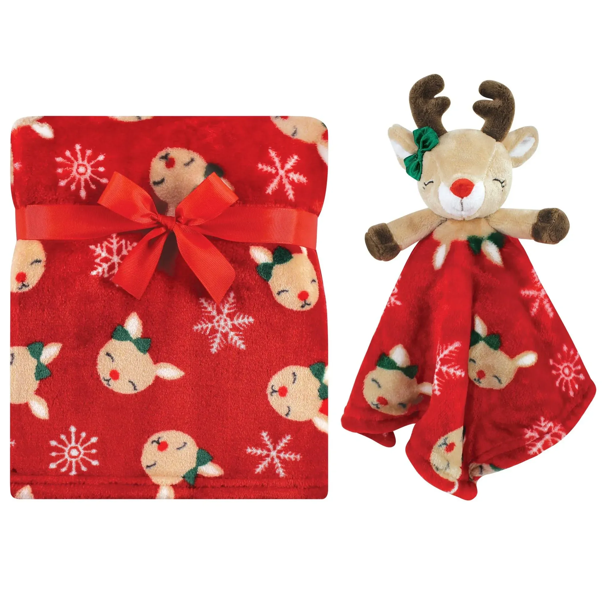 Hudson Baby Unisex Baby Plush Blanket with Security Blanket, Girl Holiday Reindeer, One Size