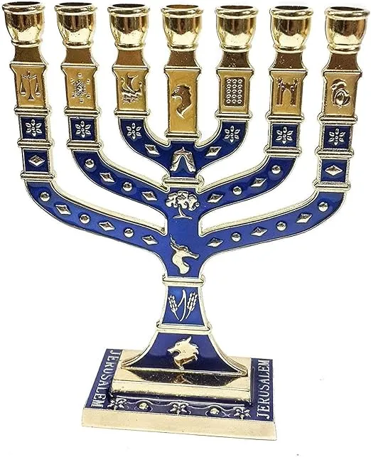 Golden Menorah 7 Branch 12 Tribes Of Israel Jerusalem Menora Blue Enamel 4.7"