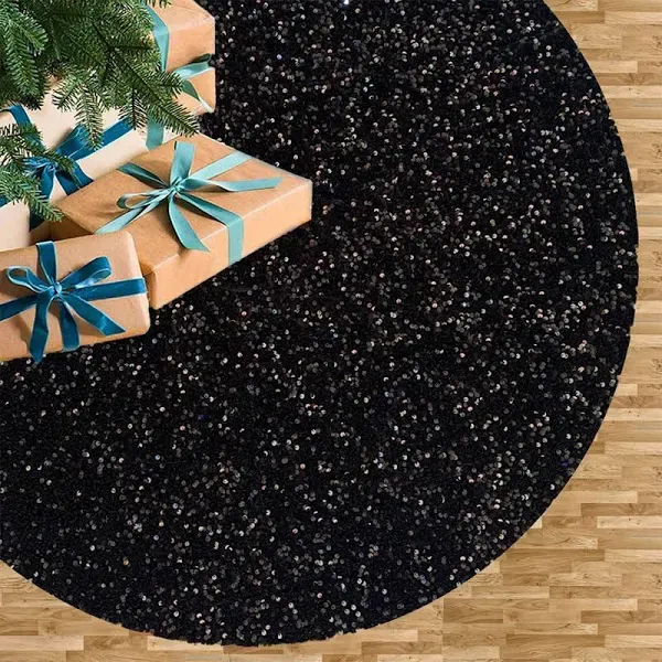 FUHSY Black Tree Skirt Christmas 46 inch Velvet Tree Skirt Sequin Tree Skirt Mat ...