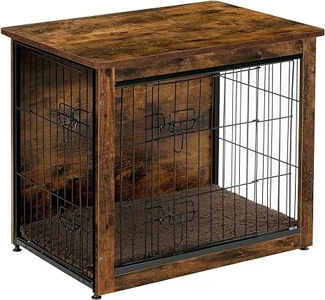 DWANTON Dog Crate Furniture with Cushion, Wooden Crate Table, Double-Doors Furniture, Kennel Indoor for Small/Medium/Large Dog, Dog House/Cage, 27.2"