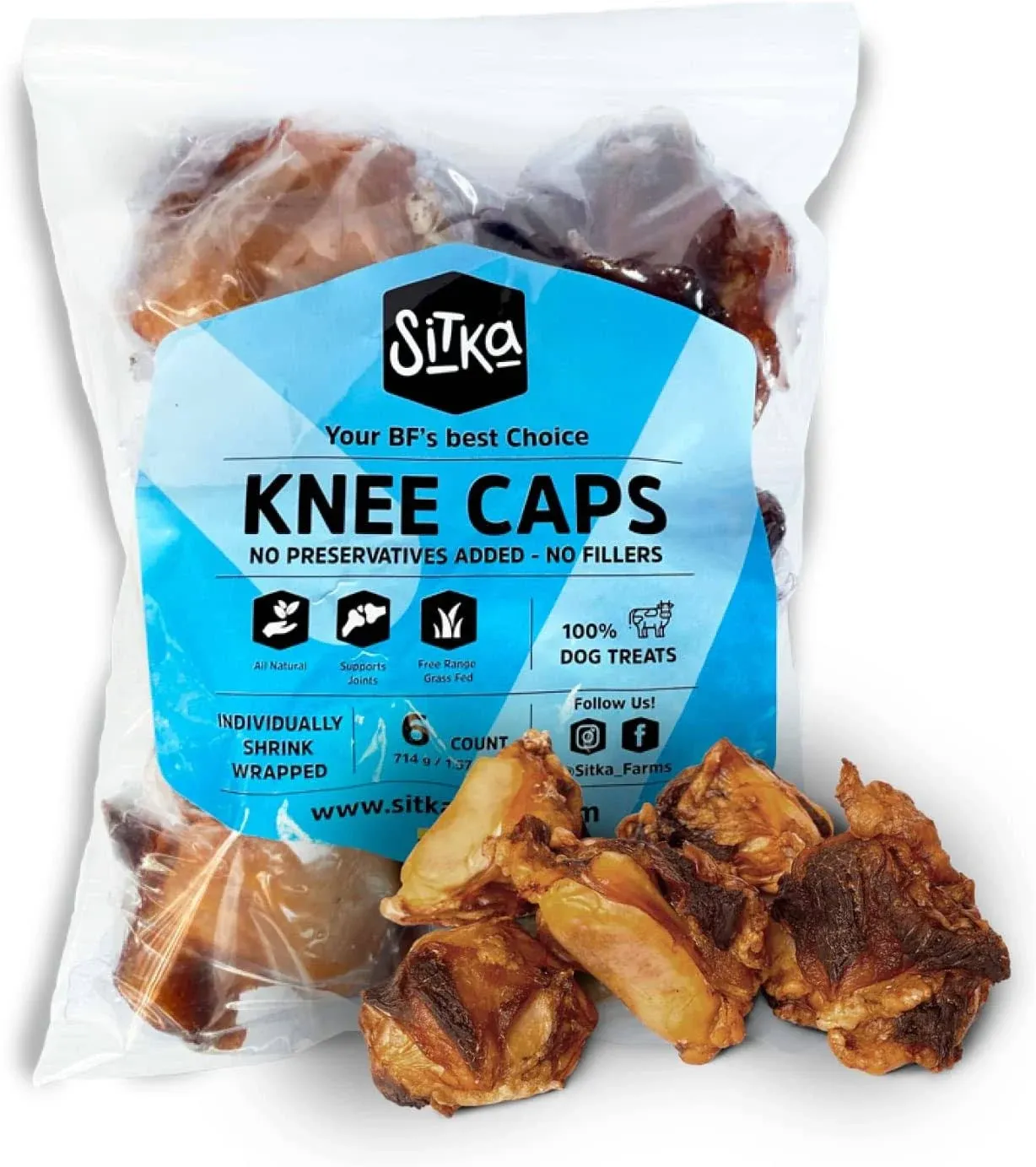 Sitka Farms Beef Knee Caps Smoked Premium Dog Bones - 12 Count - Natural Long Lasting Dog Treats - Low Fat High Protein Dog Bones - Natural Beef Chews - Meaty Bones