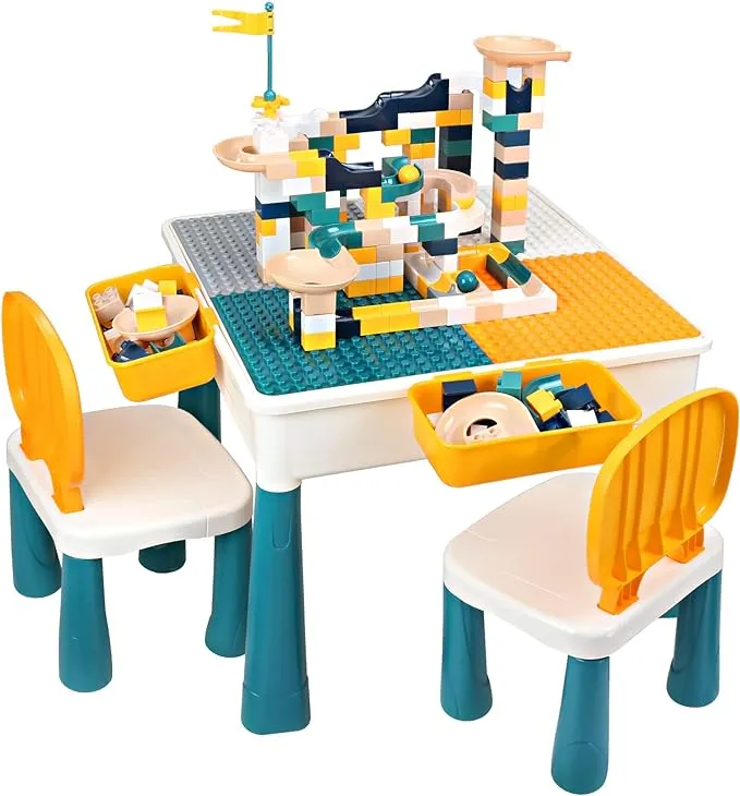 GobiDex All-in-One Kids Table and Chairs Set with 100PCS Preschool Classroom Must Haves Multi Activity Toddler Table Kids Building Blocks Toys for Kids Ages 3+