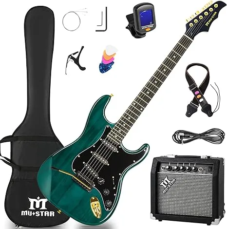 MUSTAR MEG-200, Electric Guitar Kit with 25W Amplifier, Solid Wood Electric Guitar Kits Beginner (Blue)