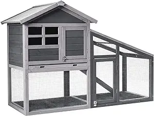 Tangkula Rabbit Hutch Indoor Outdoor, Wooden Chicken Coop, Bunny Hutch with Run, Ventilation Door, Removable Tray, Ramp, Sunlight Panel, Backyard Garden Animals Pet Cage (Gray)