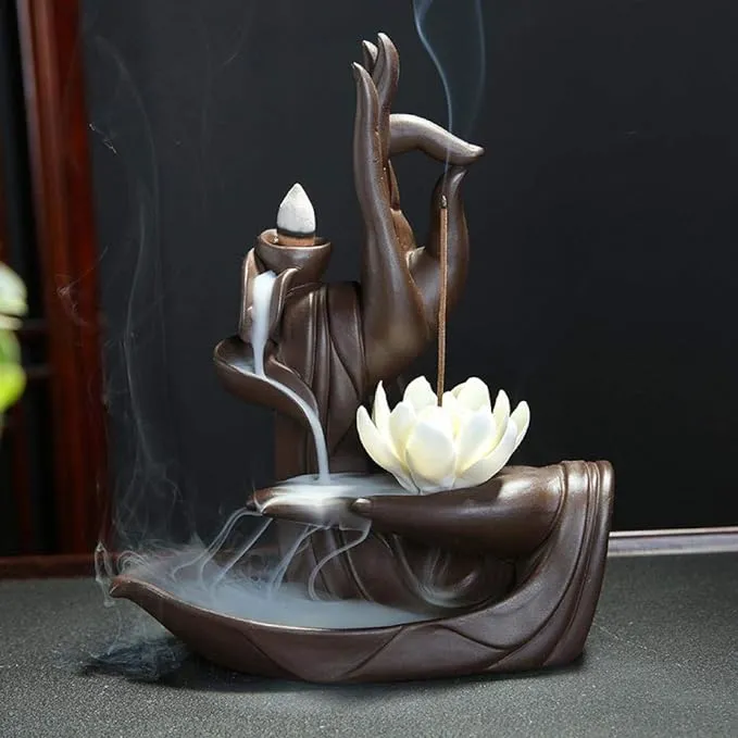 LEAFIS Buddha Incense Burner Handcraft Ceramic Statue Hand Backflow Incense Burner for Home Decor Decoration, with 10 Incense Cones (Lotus)