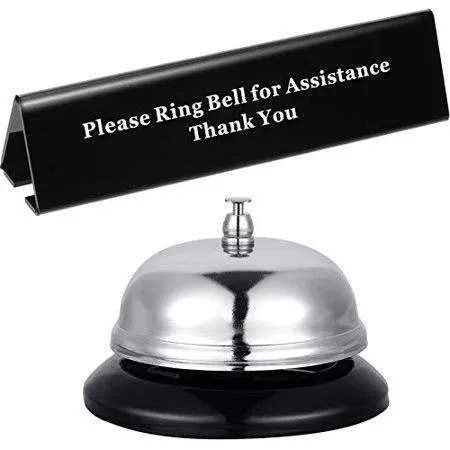 Boao Desk Service Dinner Bell Metal Construction Call Bell and Double Side No Receptionist Sign Please Ring Bell Sign for Service Assistance for Hotel School Restaurant Reception Area (silver Bell)