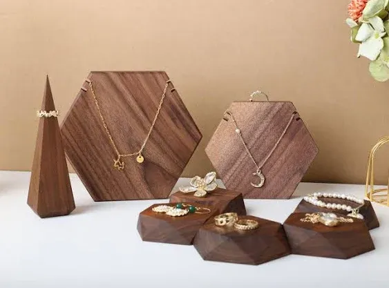 GemeShou Wood necklace holder stand, Retail hanging necklace organizer, Walnut necklace display stands for selling, jewelry stand necklace holder【Hexagon Necklace holder-Small】