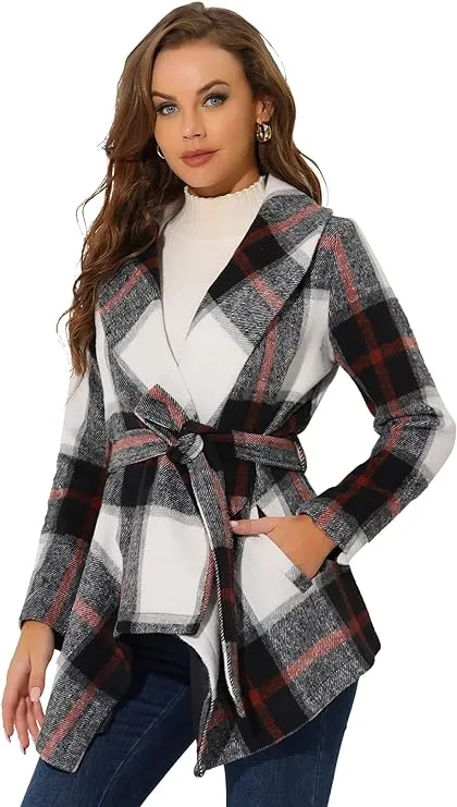 Allegra K Women's Turn Down Collar Asymmetric Hem Thin Plaids Wrap Coat