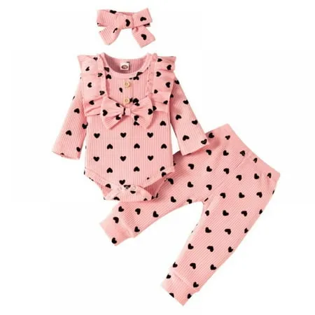 Fullfamous Baby Girl's 3PC Rib Frill Long Sleeve Romper and Pant Set