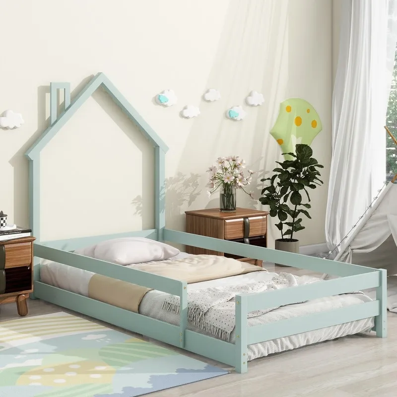 Floor Bed for Kids, Twin Size Montessori Bed with House Shape Headboard and Railings, Wood House Bed without Slat for Boys Girls