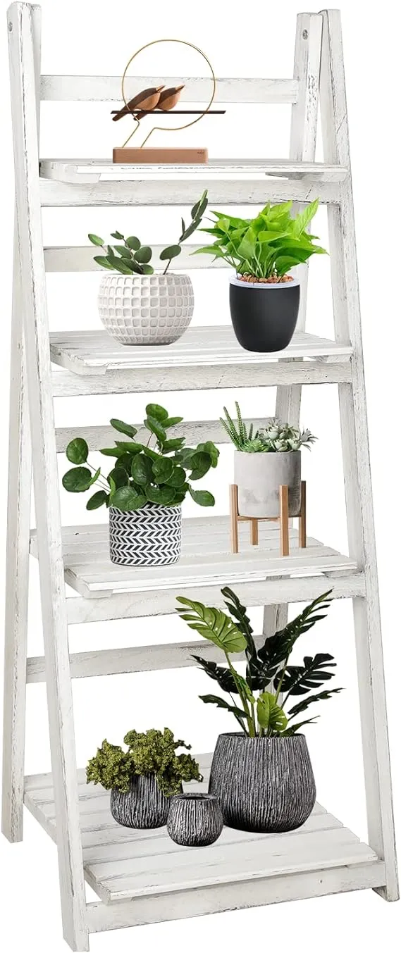 Babion 4-Tier Ladder Shelf, Plant Shelf Shelves Black Folding Stable Wooden Freestanding Indoor Flowerpot Stand Bookshelf for Office, Bedroom, Balcony (Black), standing shelf