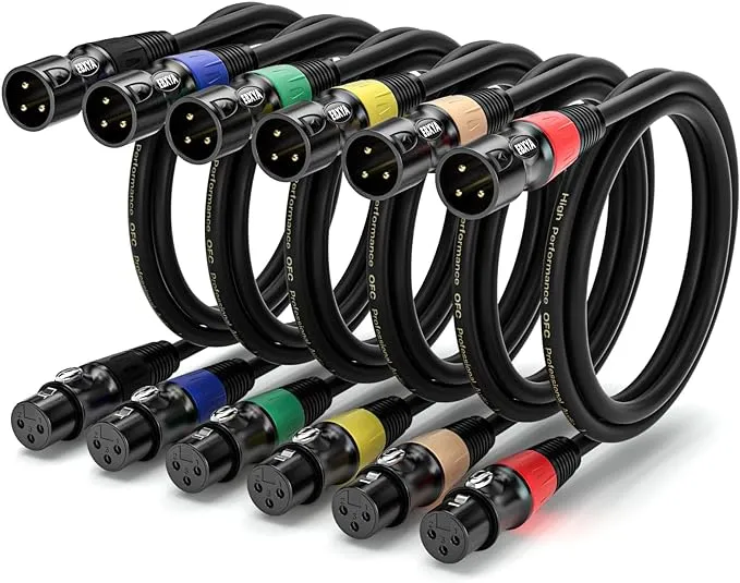 EBXYA XLR Cable 6ft 6 Pack - Stage Light DMX Cable, Premium Balanced 3-Pin XLR Male to Female Microphone Cable, Black