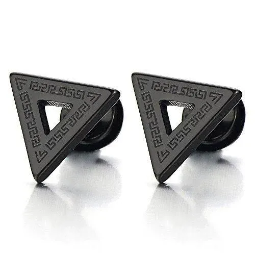 Stainless Steel Mens Triangle Stud Earrings with Pattern Screw Back 2pcs