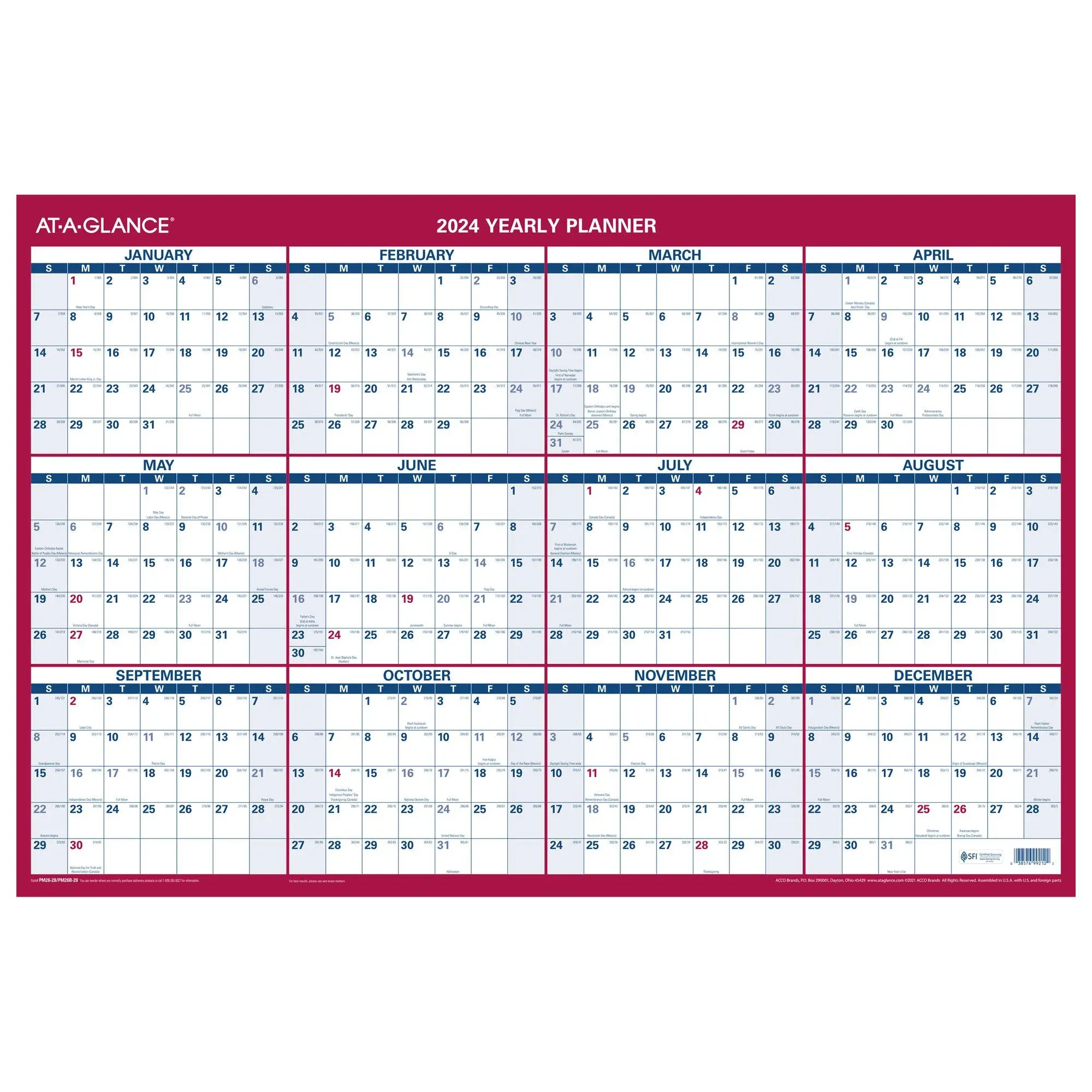 At-a-glance 2024 Vertical Horizontal Reversible Erasable Wall Calendar Large 36