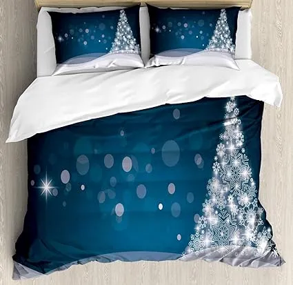 Ambesonne Christmas Duvet Cover Set, Fantasy Backdrop Abstract Xmas Tree Dreamlike Snowflakes Dots Wintertime, Decorative 3 Piece Bedding Set with 2 Pillow Shams, Queen Size, Slate Blue White