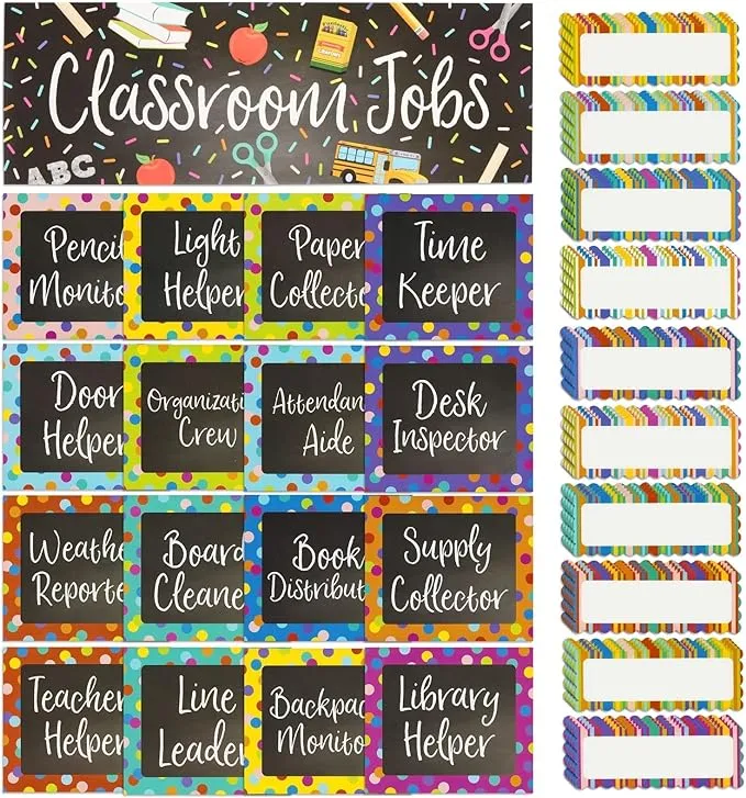 Juvale 67-Piece Bright Classroom Job Chart Set with Name Tags for Bulletin Board, Chalkboard Decorations, Teacher Supplies, Classroom Teaching Tool, Kids Education (16 Assorted Signs)