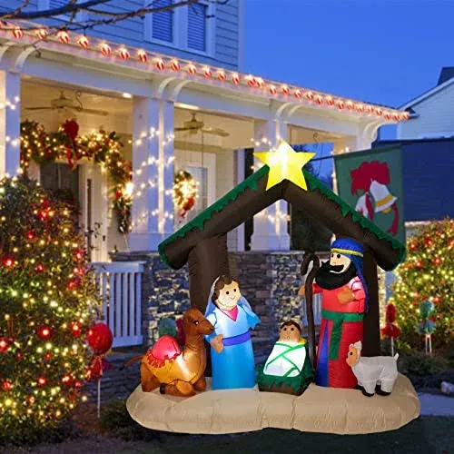 6 ft Christmas Inflatables Nativity Scene Decoration with Built-in LED, Holy ...