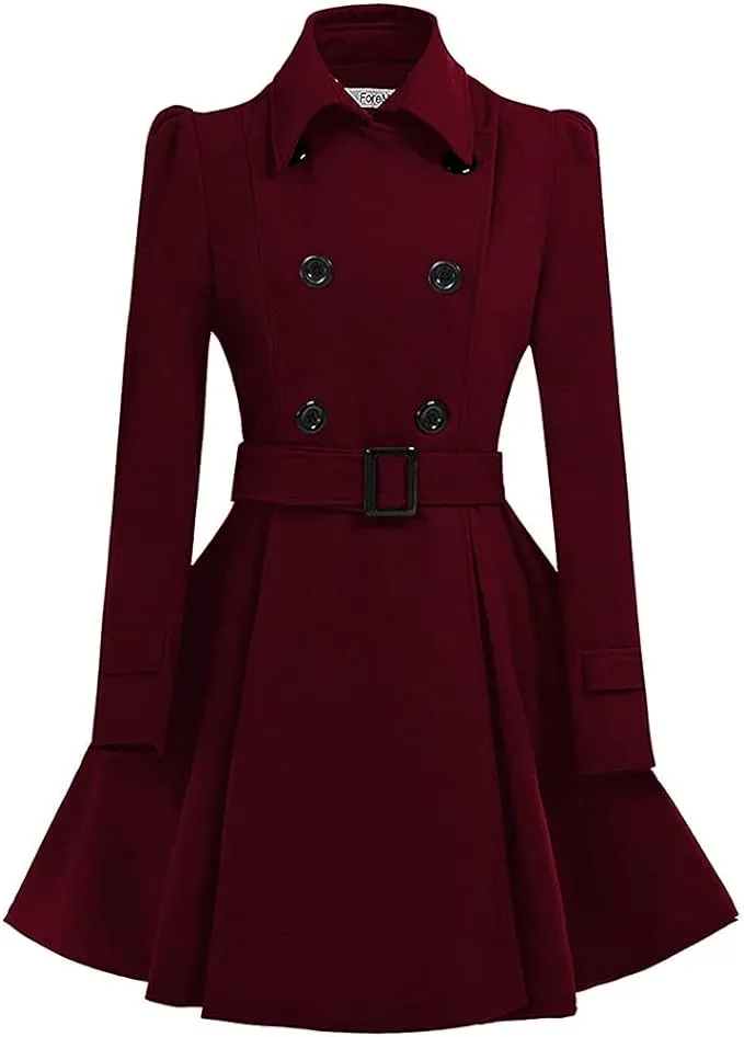 ForeMode Women Swing Double Breasted Wool Pea Coat with Belt Buckle Spring Mid-Long Long Sleeve Lapel Dresses Outwear