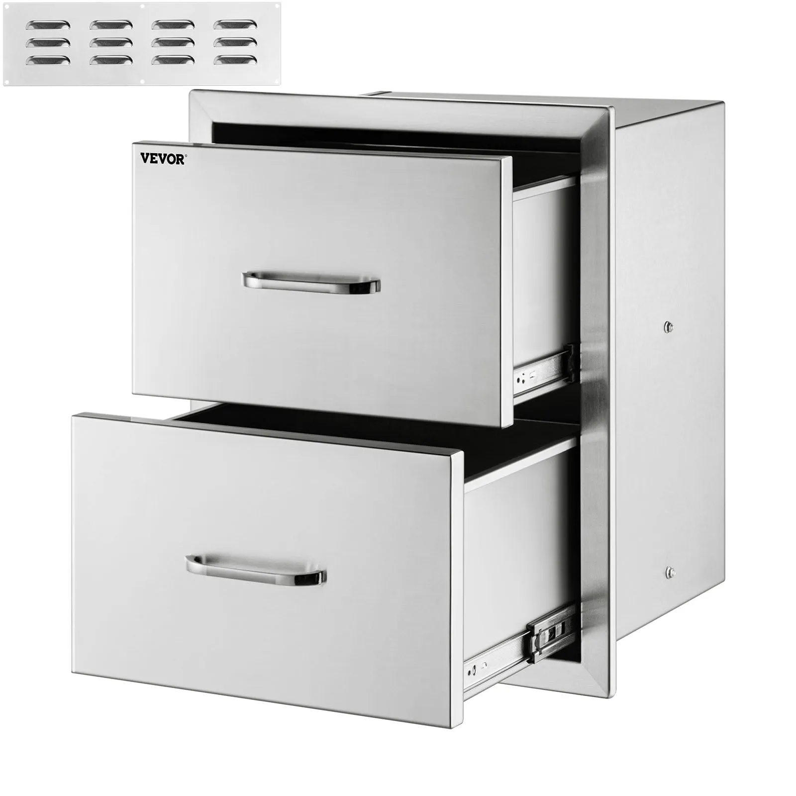 VEVOR 14x14.3 inch Outdoor Kitchen Drawers Stainless Steel, Flush Mount Double Drawers,14Wx14.3Hx23D inch, with Stainless Steel Handle, BBQ Drawers for Outdoor Kitchens or BBQ Island