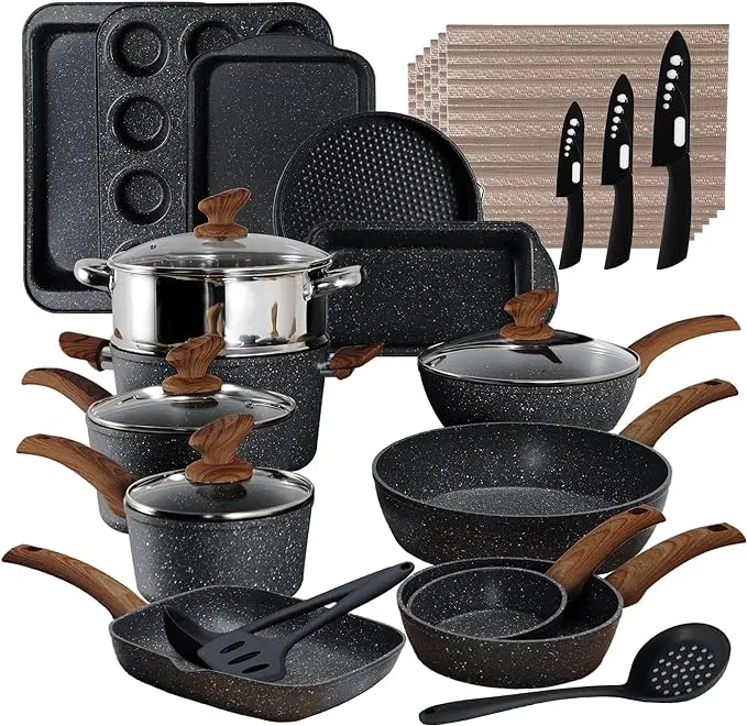 Kitchen Induction Cookware & Bakeware Set - 30 Piece Black Granite Cooking Pans Set, Non-Stick Pots and Pans Set