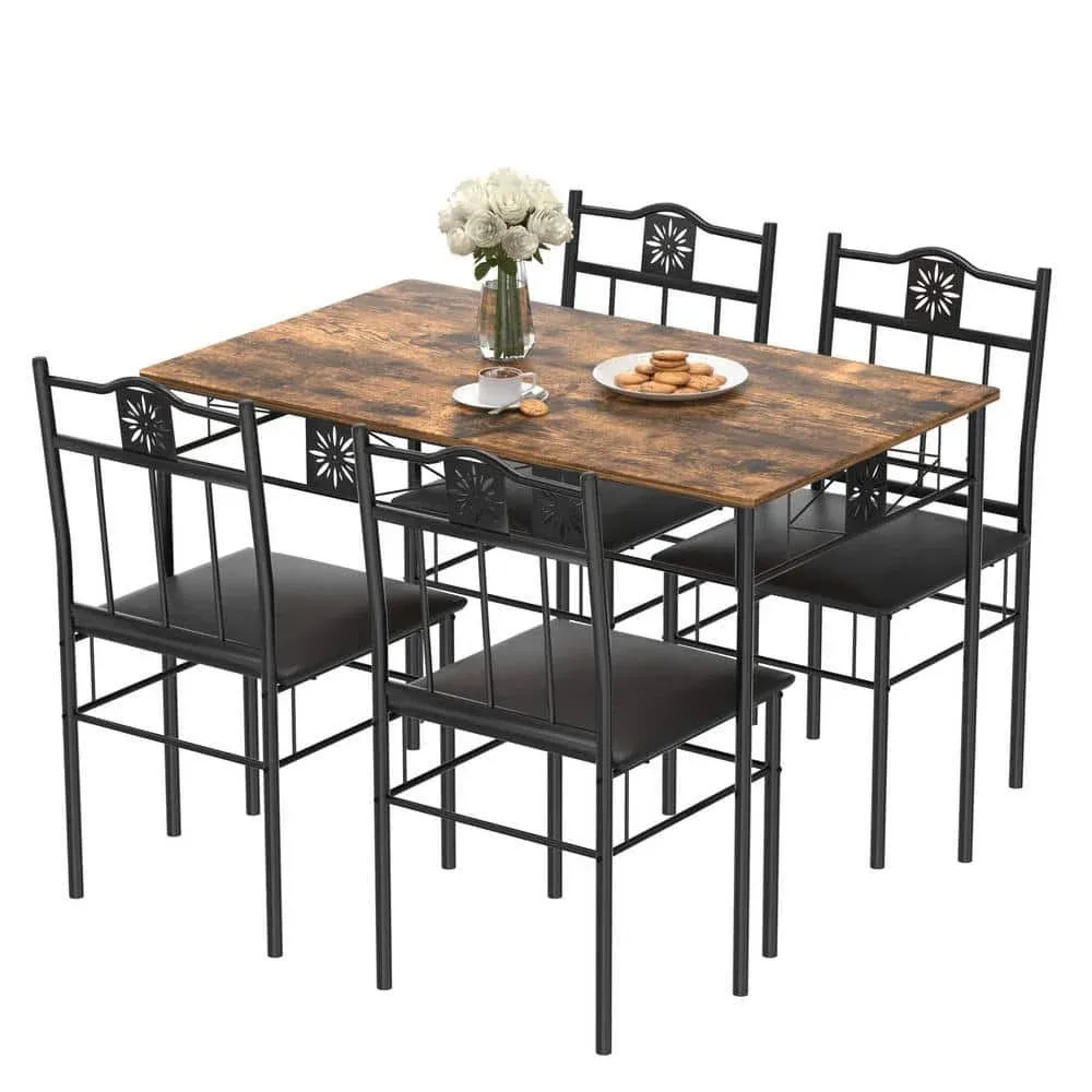 5-Piece Dining Table Set Wooden Kitchen Table 1 Table 4 Chairs Metal Legs