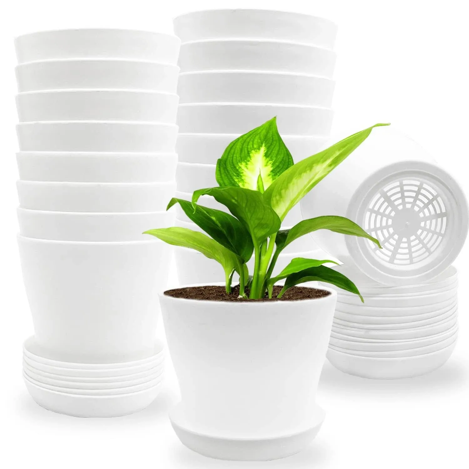 18 Pack White Plastic Planters,Moder<wbr/>n Decorative Plastic Pots with Drainage 