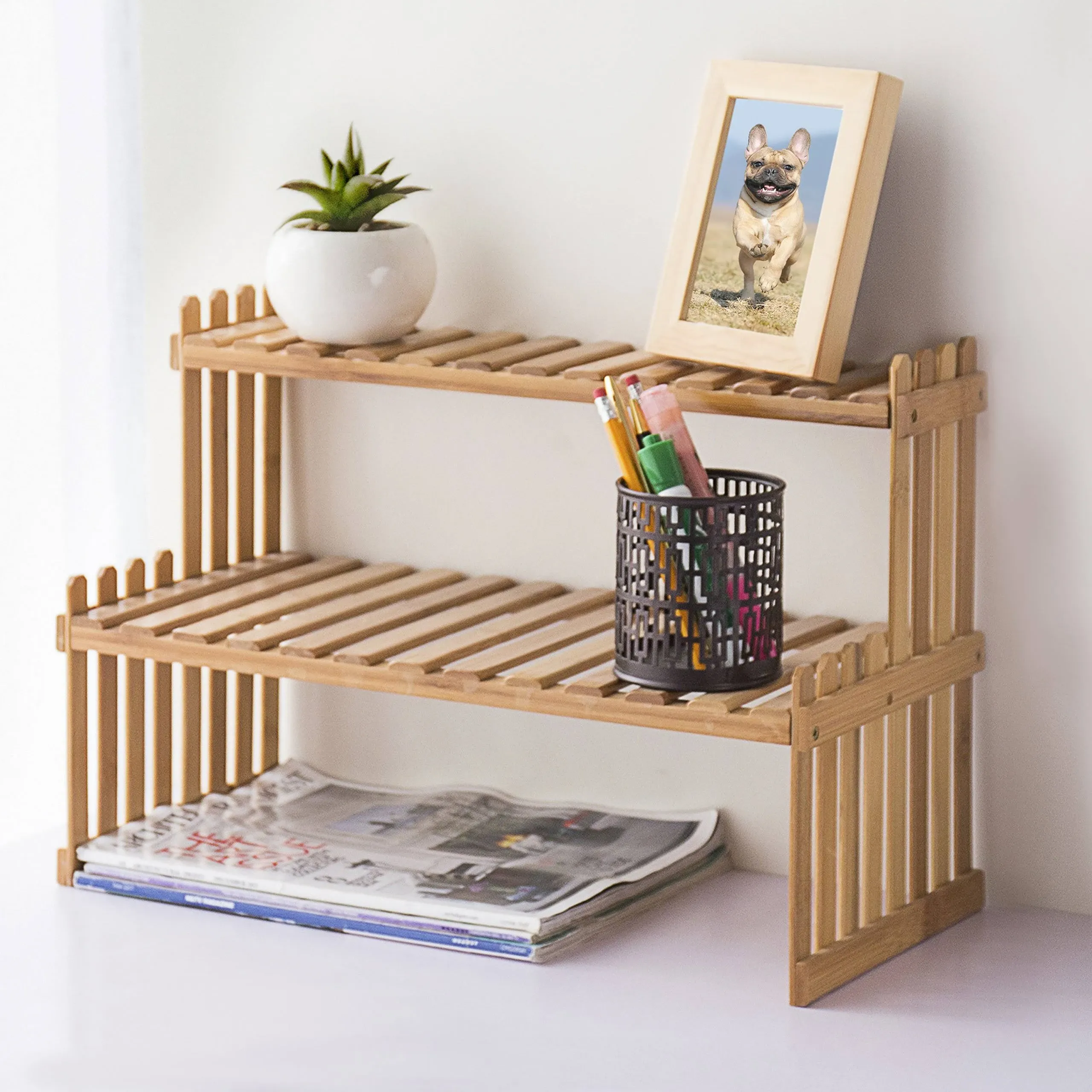 Natural Bamboo Tabletop Stand, 2-Tier Desktop Shelf or Spice Rack