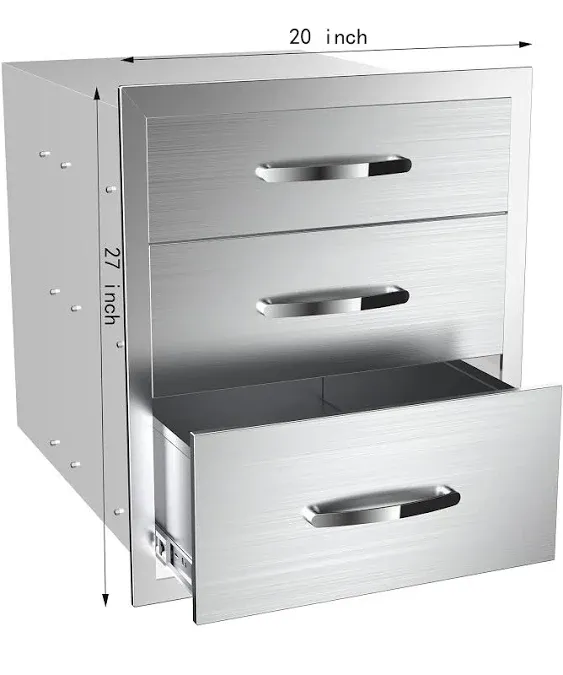 Outdoor Kitchen Drawers Stainless Steel,20W x 27H x 23D Inch Flush Mount Triple Drawers,BBQ Drawers for Outdoor Kitchens or BBQ Island