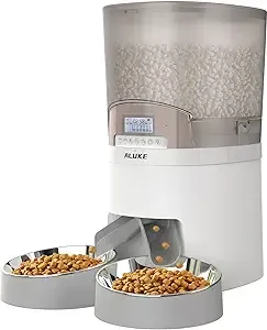 Automatic Cat Feeder for 2 Cats, ALUKE 6.5L Pet Feeder for Cats & Dogs Dry Food Dispenser with Desiccant Bag, Stainless Steel Bowls & Lock Lid, Dual Power Supply 10s Meal Call 6 Meals Per Day