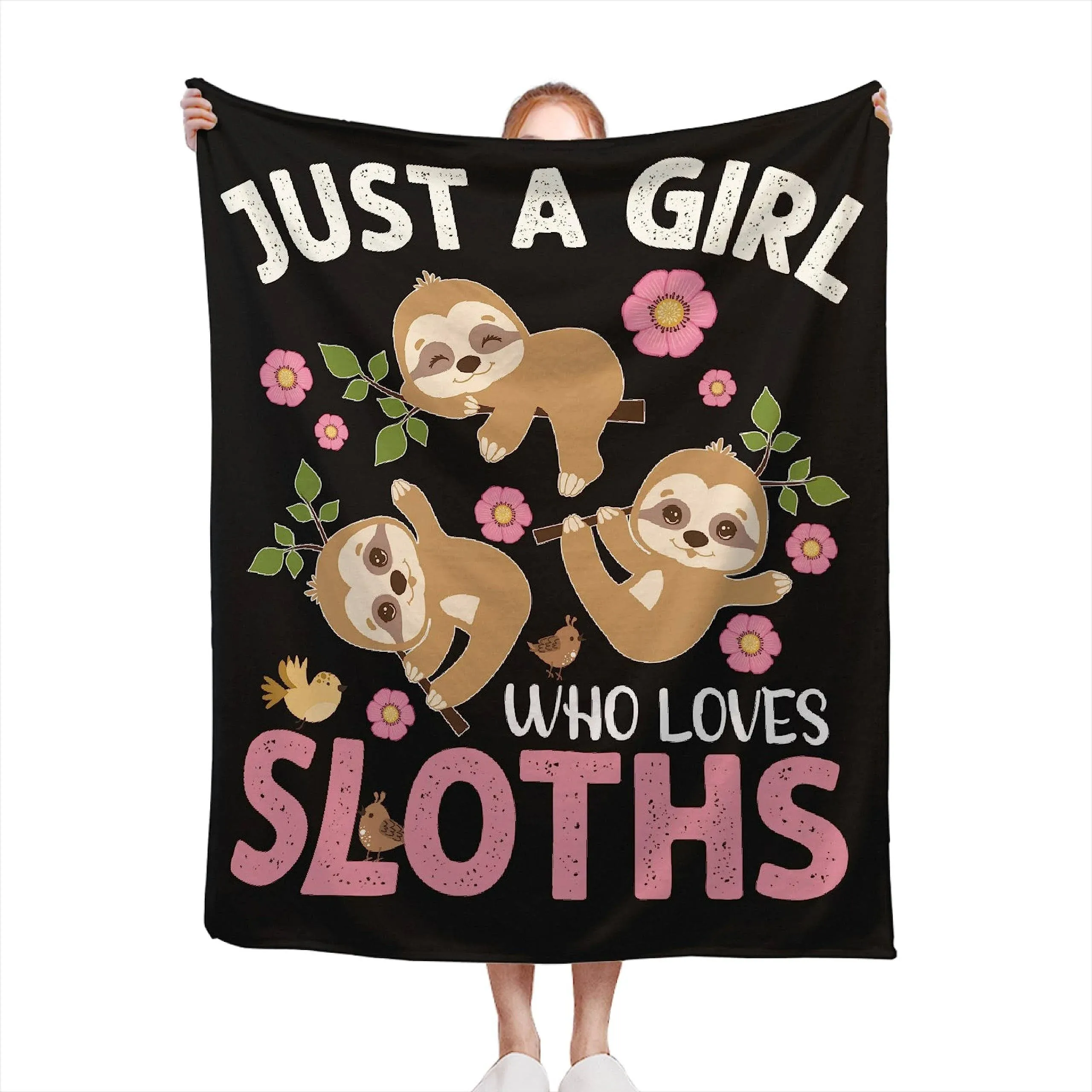 Sloth Gifts Blanket Just Girl Who Loves Sloths Birds Leaves Plush Cozy Fuzzy Super Soft Warm Flannel Throw Blankets