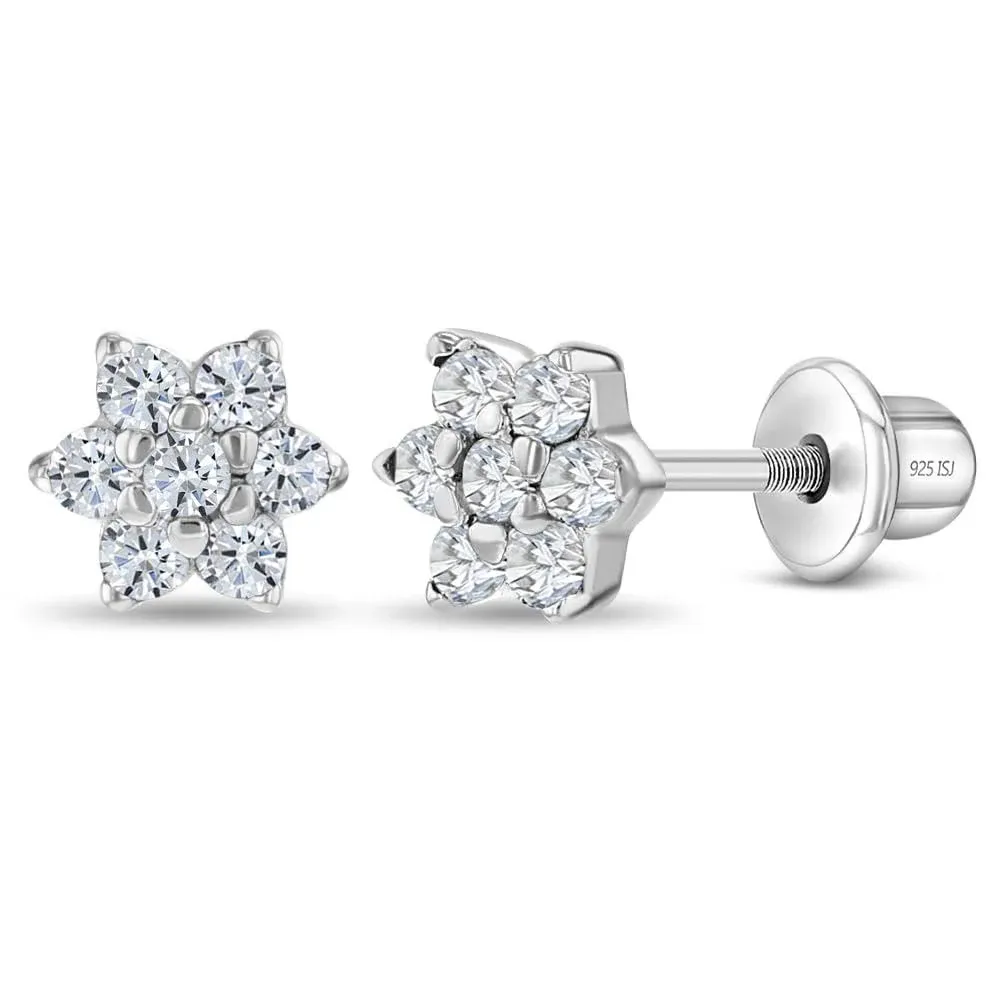 925 Sterling Silver 5mm CZ Flower Screw Back Earrings for Babies Toddlers Girls ...