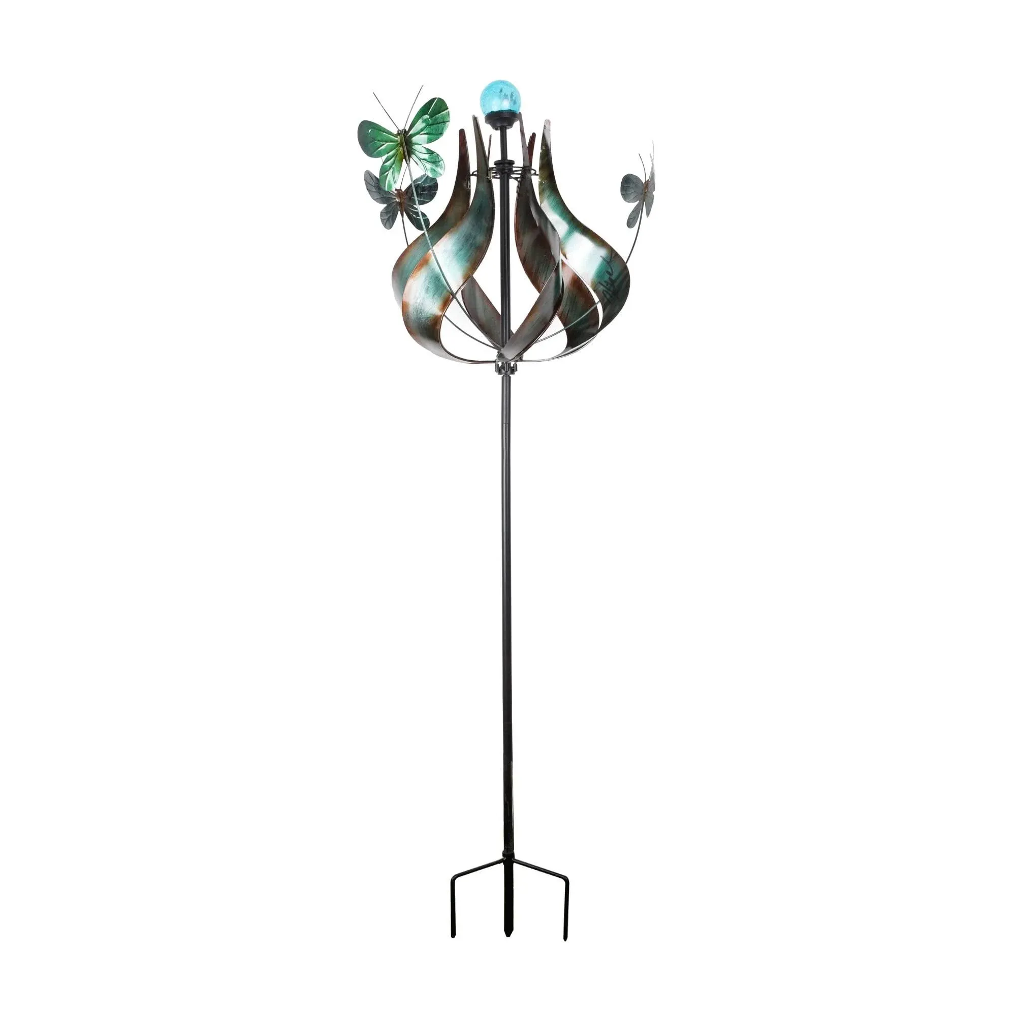 Solar Powered Tulip Butterfly Kinetic Metal Windmill Wind Spinner with LED Li...