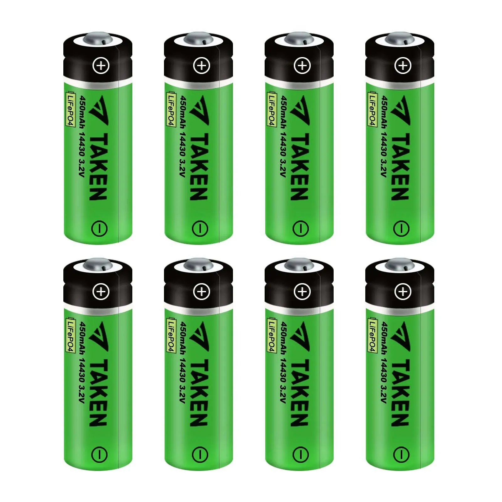 Taken 14430 3.2 Volt Rechargeable Solar Battery, 3.2V 450mAh 14430 LiFePO4 Rechargeable Battery for Solar Panel Outdoor Garden Lights - 8 Pack