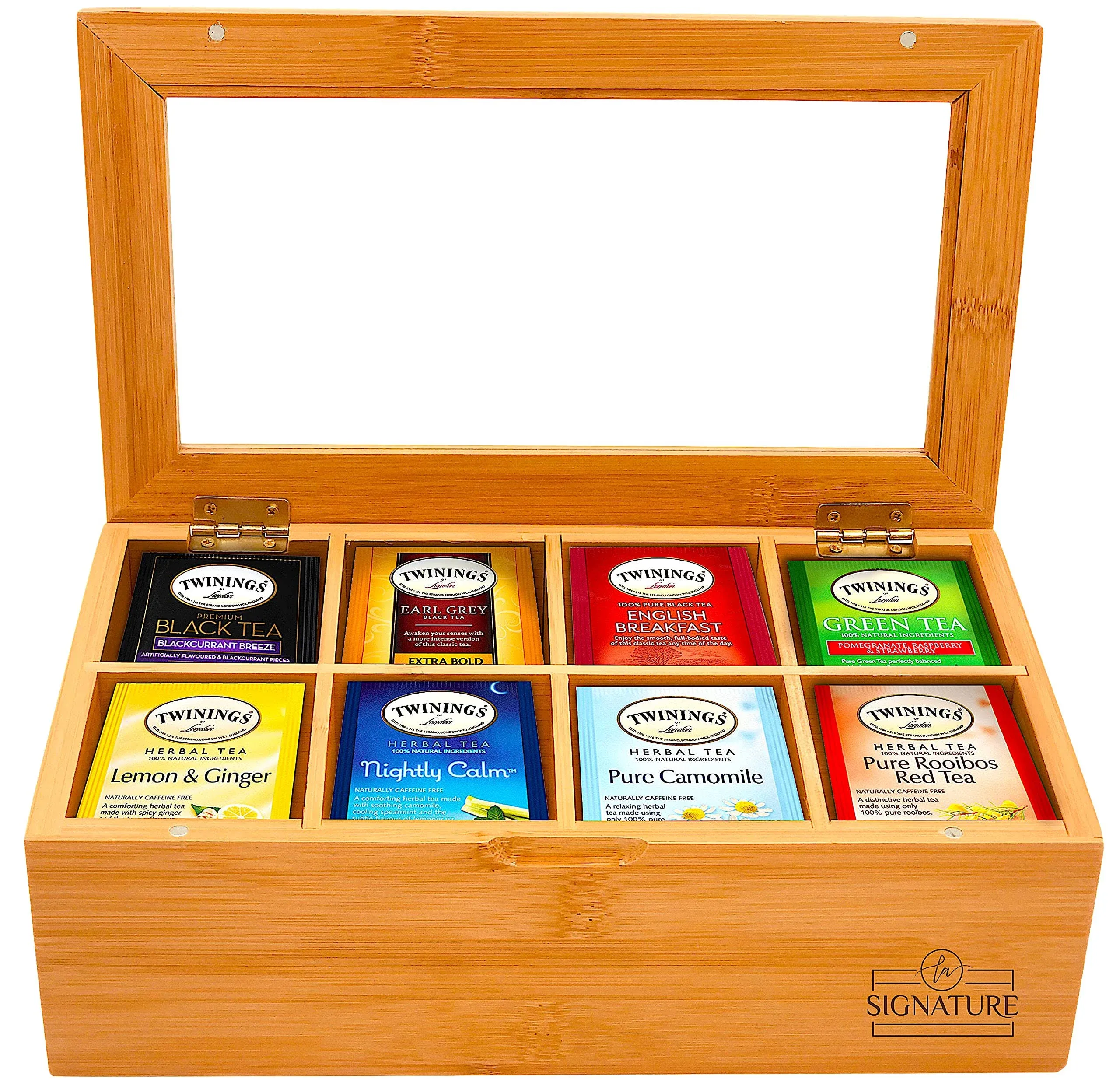 Natural Bamboo Tea Box Storage Organizer- 8 Compartments Tea Bag Holder with Cle