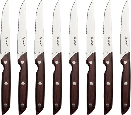 Cibeat Stainless Steel Steak Knife Set of 8, Wood Handle, Serrated Edge 4.5 inch ...